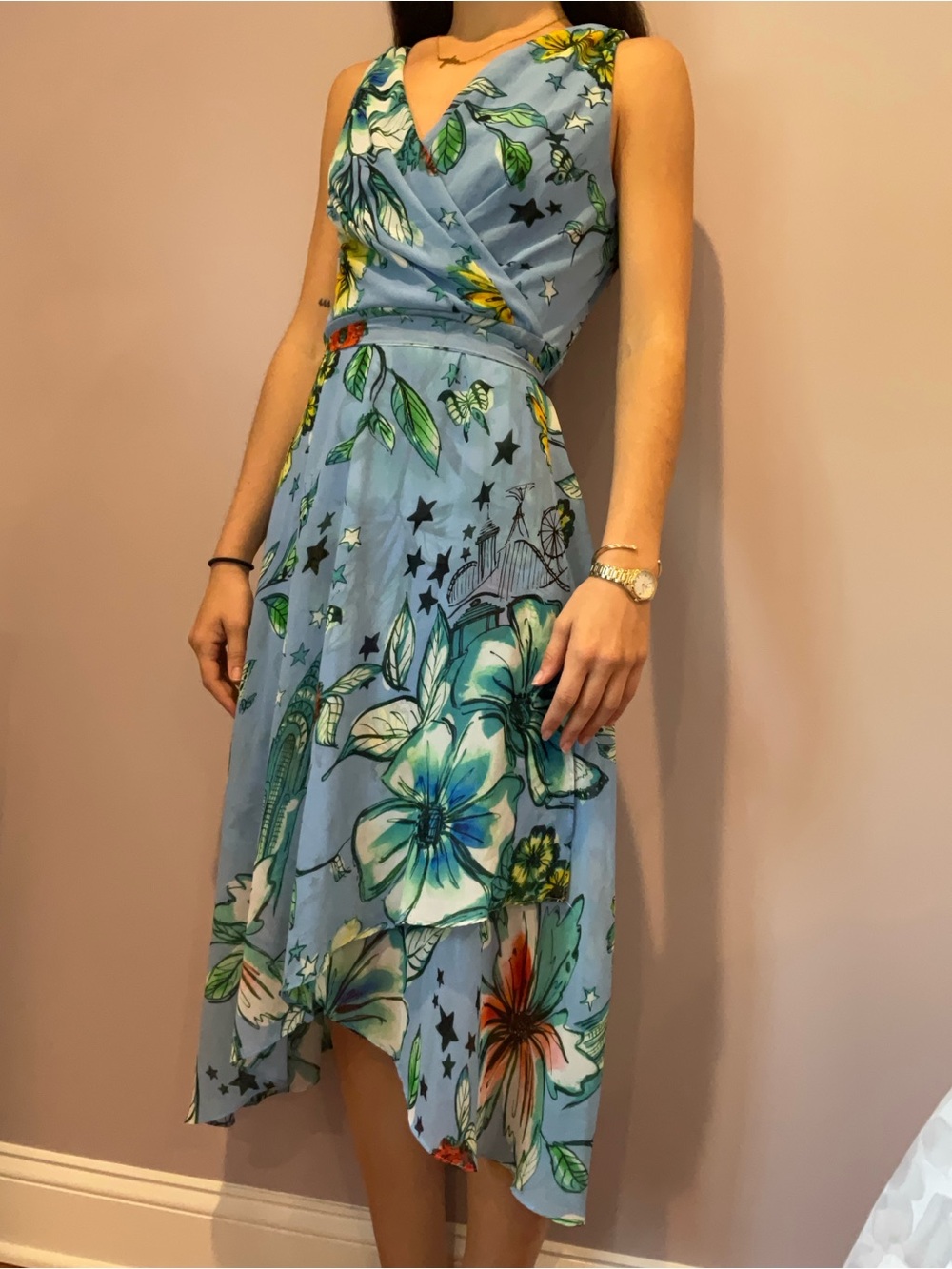 DKNY Light Blue Floral Asymmetrical Wrap Dress